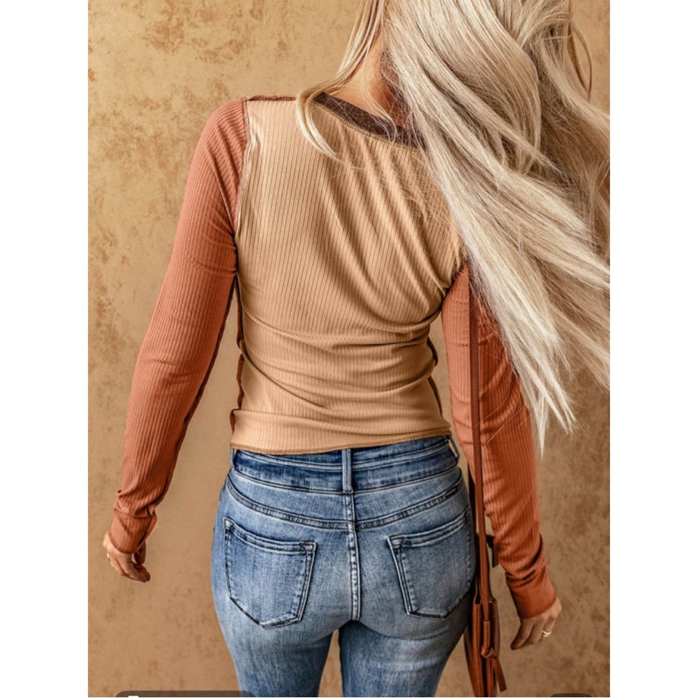Boho Brown Exposed Seam Patchwork Color Block Ribbed Knit Top - Picture 2 of 9